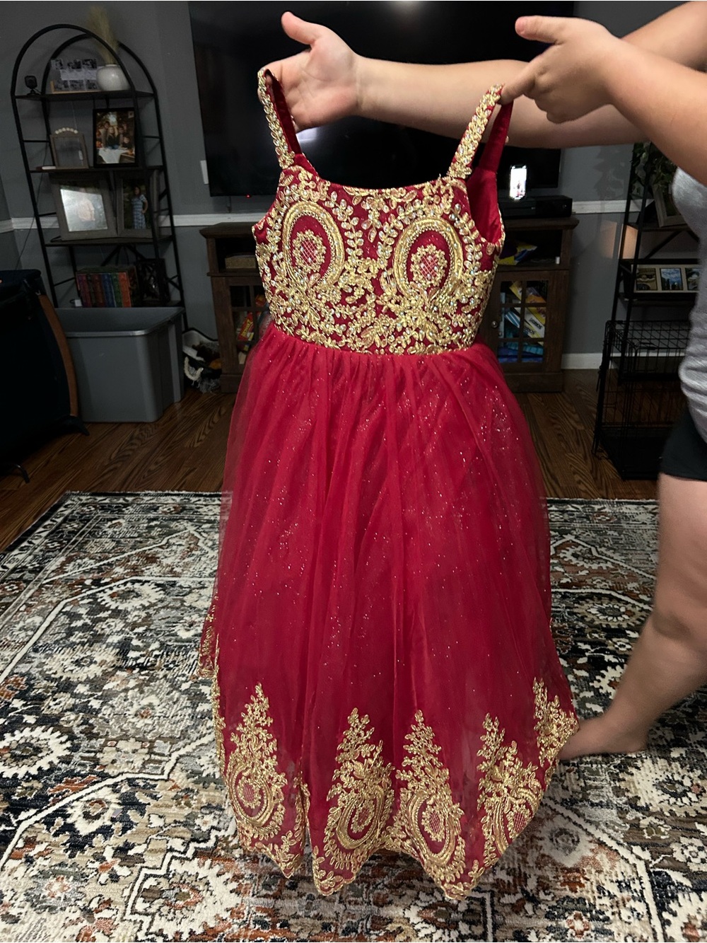 Girls Red & Gold Embroidered Tulle Party Dress